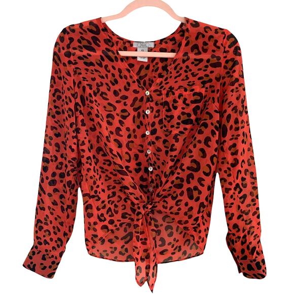 DEB Sheer Pink Leopard Red Button Down High Low Blouse XS - Picture 7 of 12